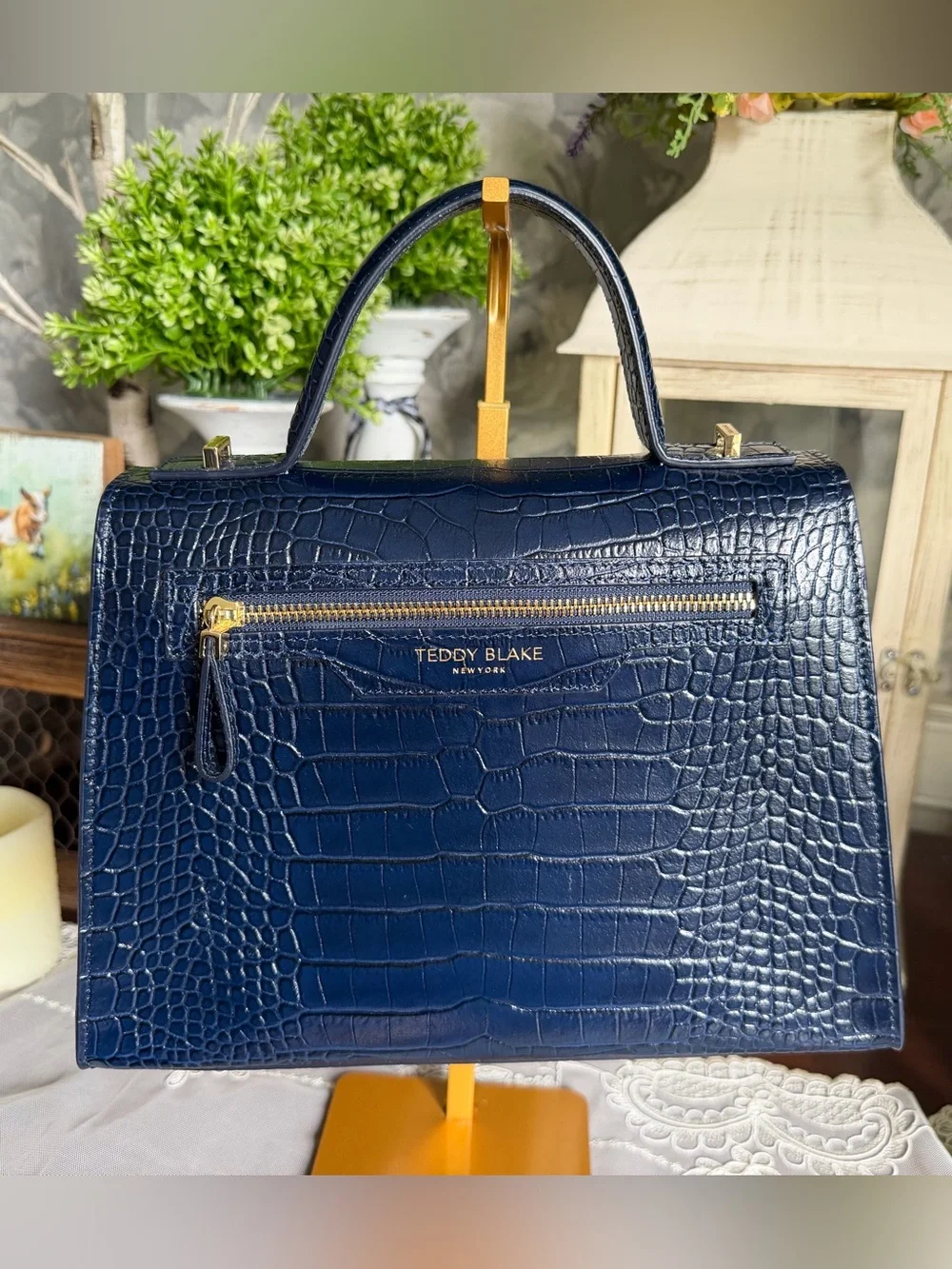 NWOT Teddy Blake Navy Croc-Embossed Leather Top Handle Bag Purse